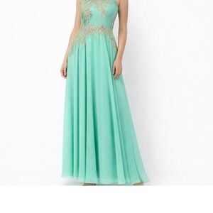 Aqua & Gold Beaded Prom Pageant Dress XS 2 Formal Evening Gown Chiffon